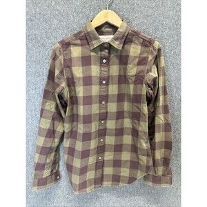 Filson Flannel Women’s Small Olive Green Purple Plaid Button Up Shirt Hiking